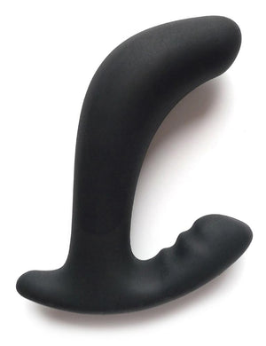 The Mystim Twisting Tom is displayed against a blank background. It is a black silicone butt plug that is slightly curved with an extended base on one side for perianal stimulation.