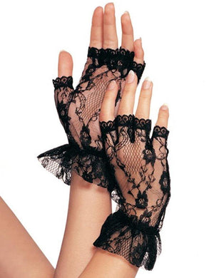 Wrist Length Fingerless Lace Gloves with Ruffle- Black-The Stockroom