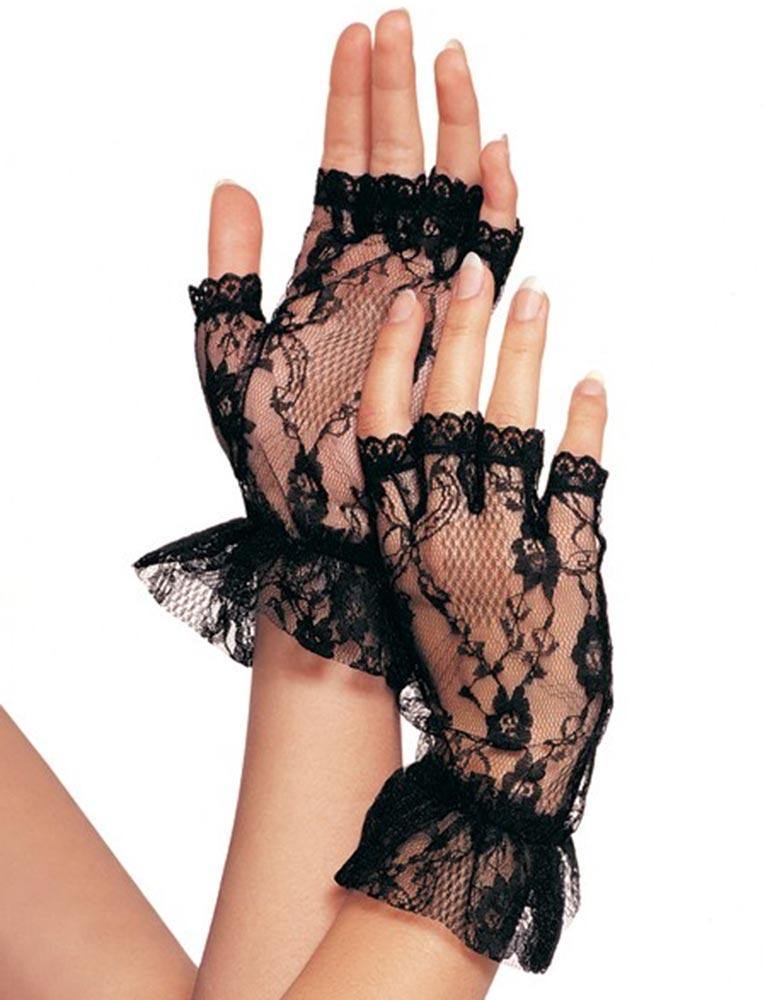 Wrist Length Fingerless Lace Gloves with Ruffle- Black-The Stockroom