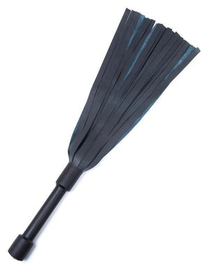 The Blue Devil Leather Flogger By Dragontailz is displayed against a blank background. The flogger has falls that are dark blue on one side and light blue on the other, as well as a black handle.