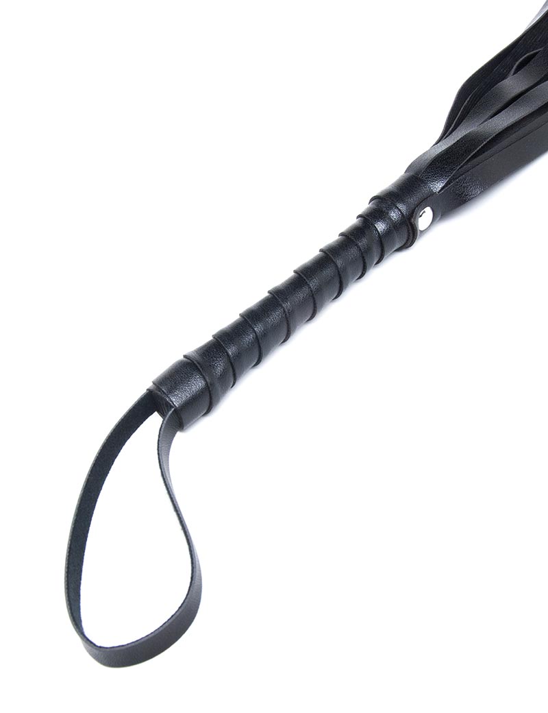 A close-up of the handle of the black S&M Mini Flogger from Sportsheets is displayed against a blank background.