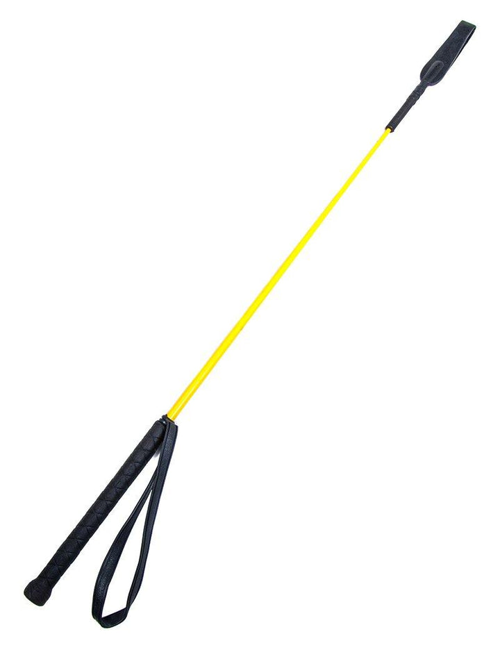 The Yellow Basic Riding Crop With A Wrist Loop is displayed against a blank background. The crop has a black PVC-wrapped handle, a yellow rod, and a thin, rectangular black leather tab.