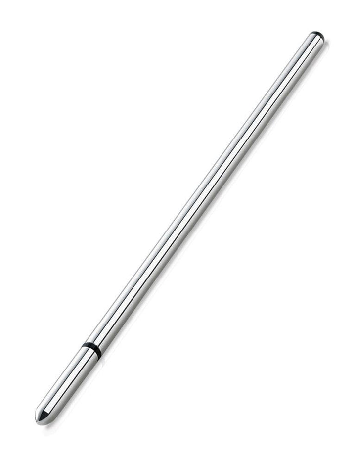 The Mystim Slim Finn Urethral Sound, a thin rod made of silver aluminum, is displayed against a blank background.