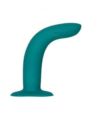 The Fun Factory Limba Flex Bendable Dildo in a size Medium is shown from the side against a blank background. The dildo has been curved so that it is bent in the middle, almost forming a right angle.
