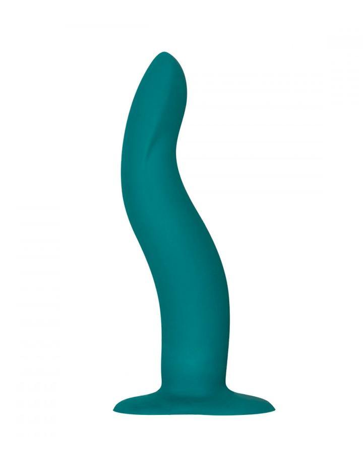 The Fun Factory Limba Flex Bendable Dildo in a size Medium is shown from the side against a blank background. It is shown curved into an “S” shape.