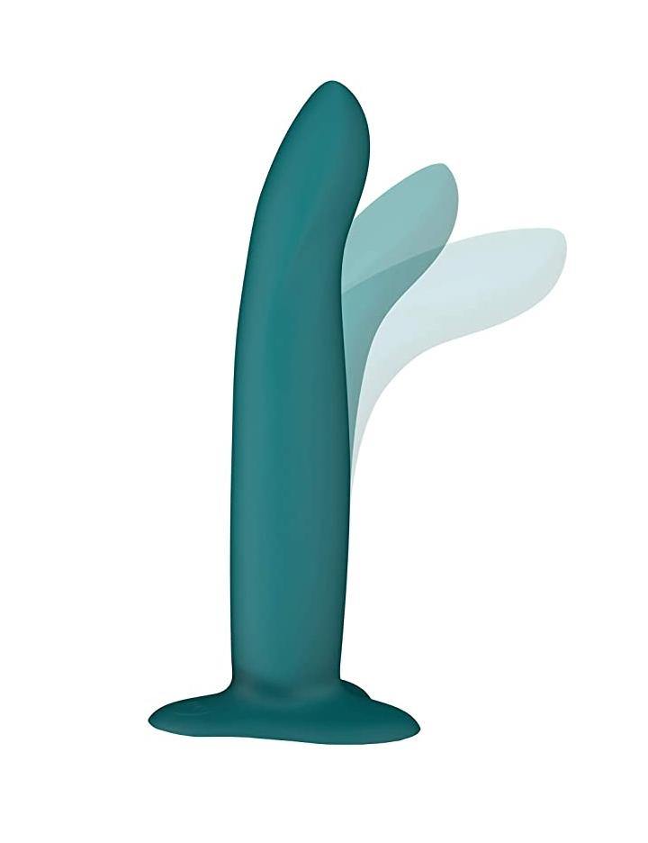 The Fun Factory Limba Flex Bendable Dildo in a size Medium is shown against a blank background. It has multiple translucent image overlays with the head of the dildo in different positions, displaying its flexibility.