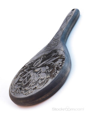 The Ebony Pine Peony Engraved Wooden Spanking Paddle is displayed against a blank background.