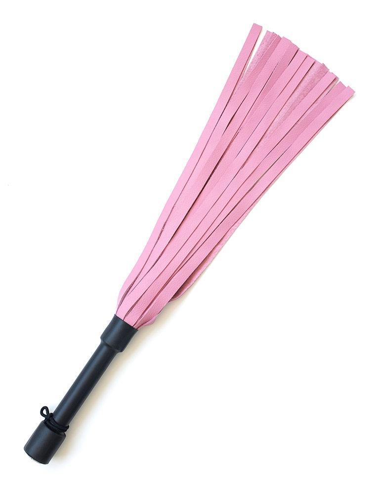The Pink Devil Leather Flogger By Dragontailz is displayed against a blank background. The flogger has light pink falls and a black handle.