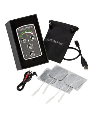 The contents of the Electrastim Flick Stimulator Pack are displayed against a blank background. Shown is the stimulator, four electrapads, wires, a charger, and a pouch.