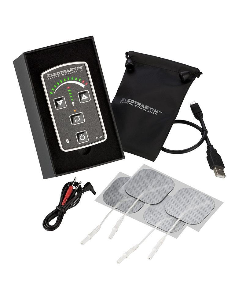 The contents of the Electrastim Flick Stimulator Pack are displayed against a blank background. Shown is the stimulator, four electrapads, wires, a charger, and a pouch.