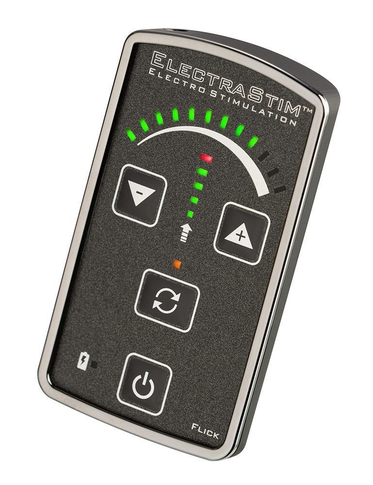 The Electrastim Flick Stimulator Pack stimulator is displayed against a blank background. It is a black rectangular controller with four buttons: down, up, settings, and power. There is an arc of lights at the top showing intensity.
