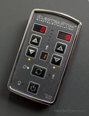 The Electrastim Flick Duo Stimulator Pack stimulator is displayed against a gray background.