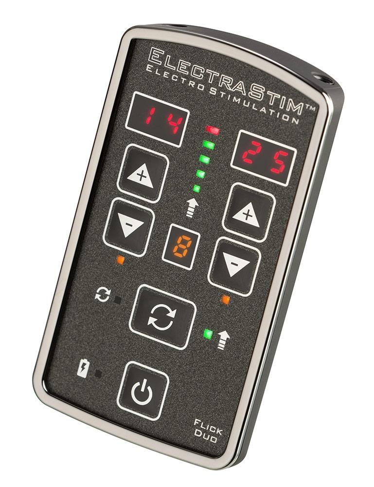 The stimulator from the Electrastim Flick Duo Stimulator Pack is displayed against a blank background. It is a black rectangle with two rows of buttons and two small LCD displays.