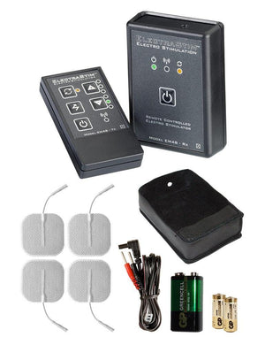 The contents of the Electrastim Remote Controlled Stimulator Kit are displayed against a blank background, including the controllers, four electrapads, a case, wires, and batteries.