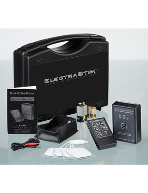 The contents of the Electrastim Remote Controlled Stimulator Kit are displayed against a blank background.
