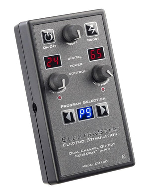 The Electrastim Sensavox is shown against a blank background. It is a grey remote with two small screens showing the control channels. It has three dials, one for each control power and one for “modify.” It has power, boost, and program selection buttons.