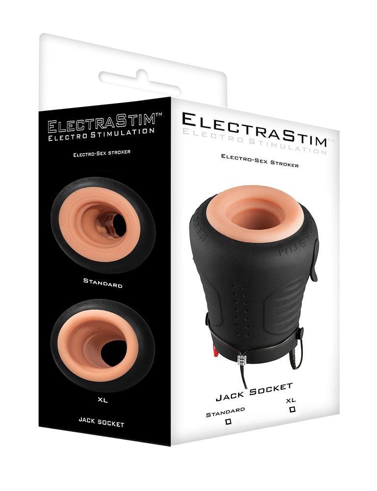 The box packaging for the Standard Electrastim "Jack Socket" Electro Stroker is displayed against a blank background.