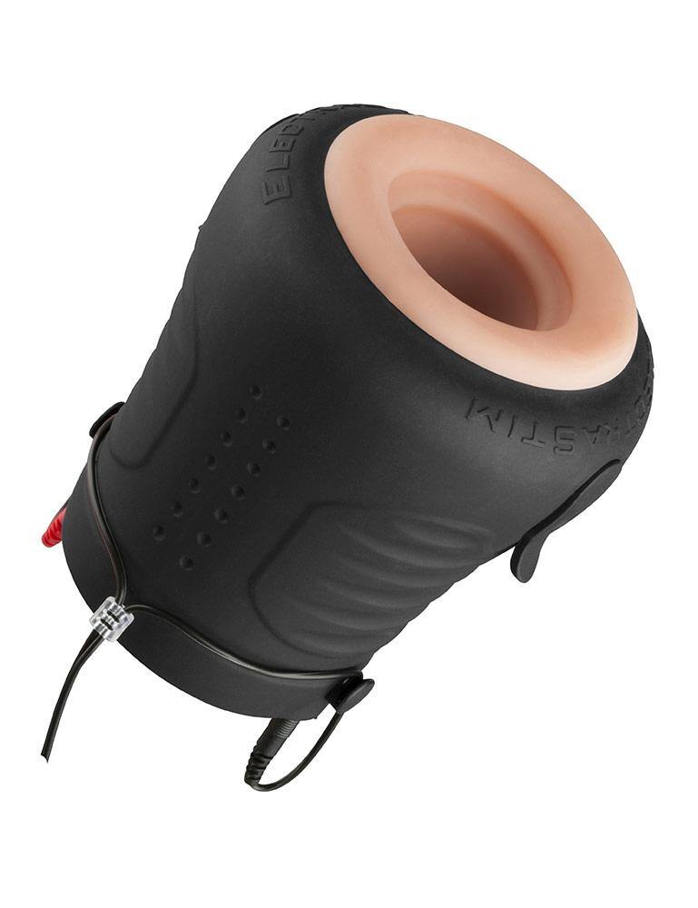 ElectraStim "Jack Socket" Electro Stroker, Standard-The StockroomThe Standard Electrastim "Jack Socket" Electro Stroker is displayed against a blank background. The exterior of the stroker is matte black silicone, and the interior is pale flesh-colored.