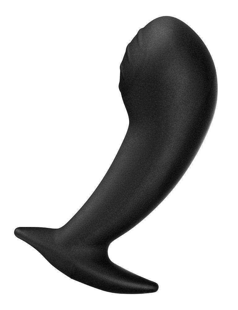 The Electrastim "Nona" Silicone Noir G-Spot Stimulator is displayed against a blank background. It is a curved plug with a bulbous head that is lightly textured and a wide base made of matte black silicone.