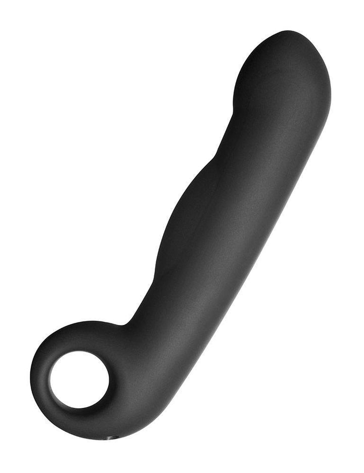The matte black Electrastim "Ovid" Silicone Noir Dildo is displayed against a blank background. It has a bump on the shaft and a slightly pronounced head with a loop handle at the base.