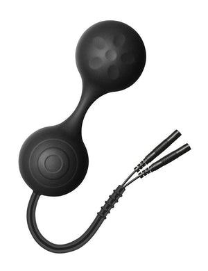 The Electrastim "Lula" Silicone Noir Kegel Excersisor is displayed against a blank background. It is a kegel ball set made of black silicone, and each ball has a slightly different texture. There is a cord with two input ports hanging from the bottom.