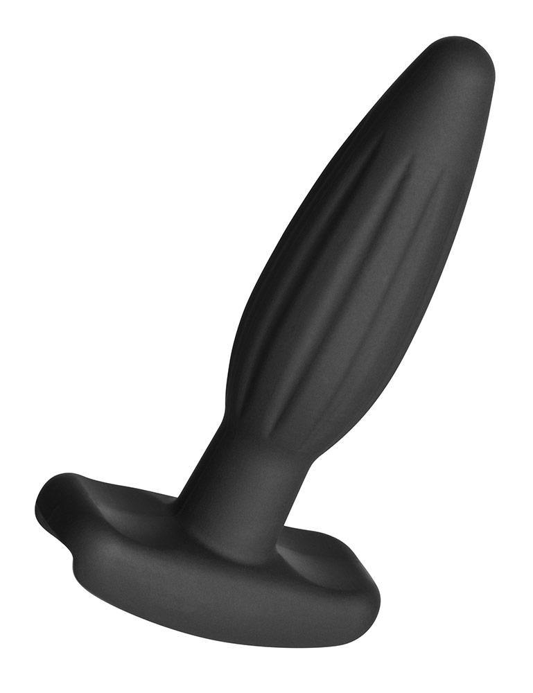 The Electrastim Silicone Noir Rocker Butt Plug is displayed against a blank background. It is a tapered, lightly textured plug with a thin neck and wide base made of matte black silicone.