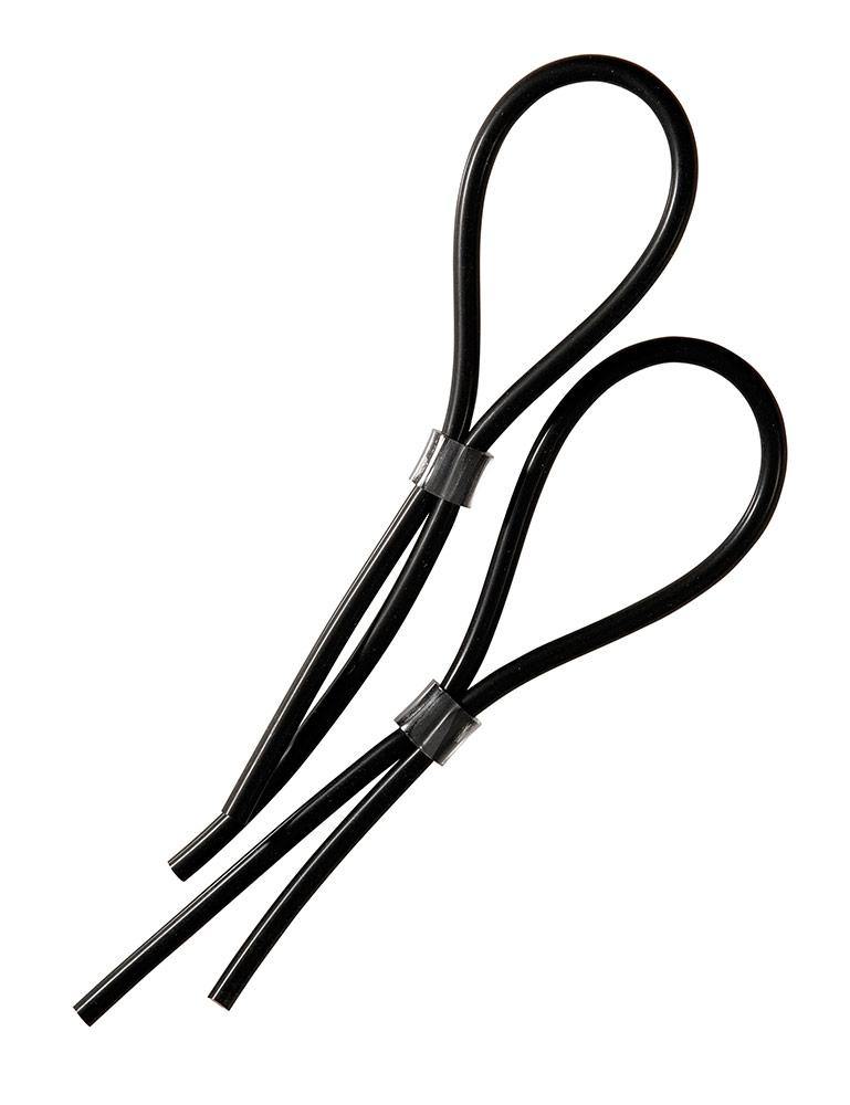 The Electrastim Rubber Adjustable Cock And Scrotal Loops are shown against a blank background. There are two loops, and they are made of a black silicone cord that is bent in half to make a loop and held together with a metal bolo fastener.