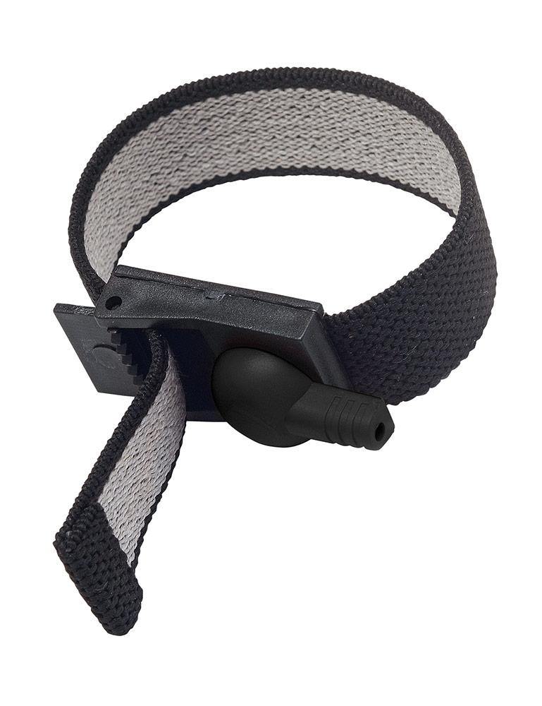 A single Electrastim Adjustable Fabric Cock And Scrotal Loop is displayed against a blank background. It is a looped strip of fabric with a black exterior and gray interior. It has an adjustable closure. 