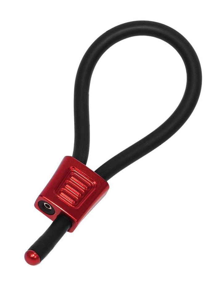 The red Electrastim Electraloop Prestige is displayed against a blank background. It is a black rubber cord formed into a loop with a red aluminum choke at the base.