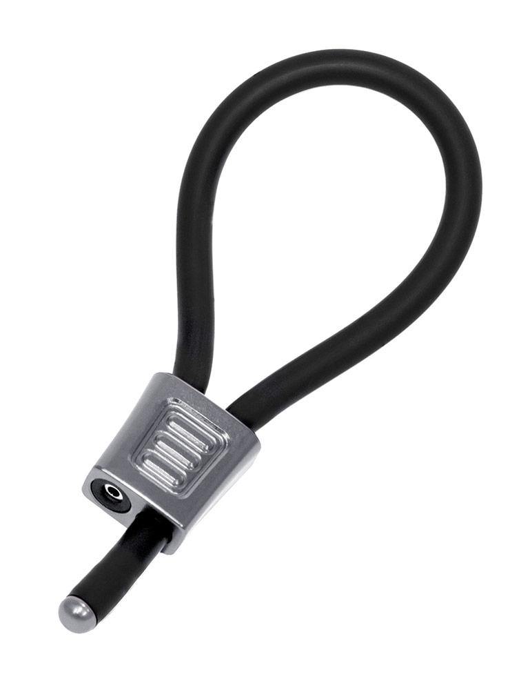 The silver Electrastim Electraloop Prestige is displayed against a blank background. It is a black rubber cord formed into a loop with a silver aluminum choke at the base.