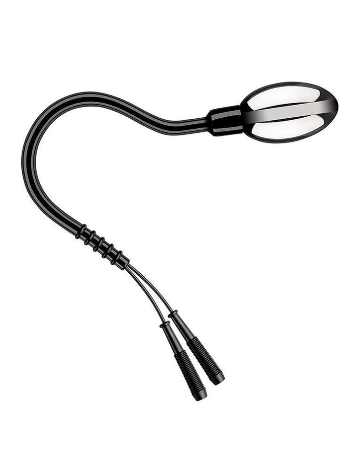 The Electrastim Tadpole Flexi Egg Probe is displayed against a blank background. It is a silver egg with a thick black cord with two small input plugs at the bottom.