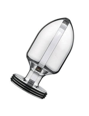 The medium Electrastim Extreme Electro Butt Plug is displayed against a blank background. It is a clear tapered butt plug with a flared base.