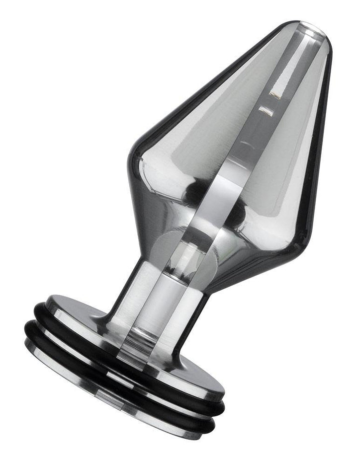 The Electrastim Electro Butt Plug is displayed against a blank background. It is a silver, conical, tapered butt plug with a thin neck and wide base.