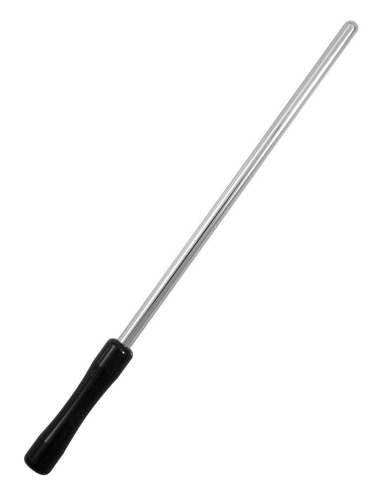 The 5mm Electrastim Urethra Probe, a strait metal rod with a curved tip and a black handle, is displayed against a blank background.