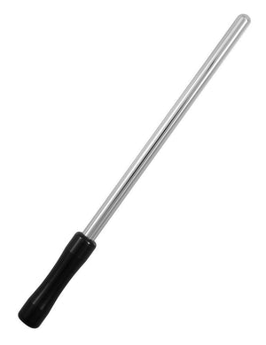 The 7mm Electrastim Urethra Probe, a strait metal rod with a curved tip and a black handle, is displayed against a blank background.