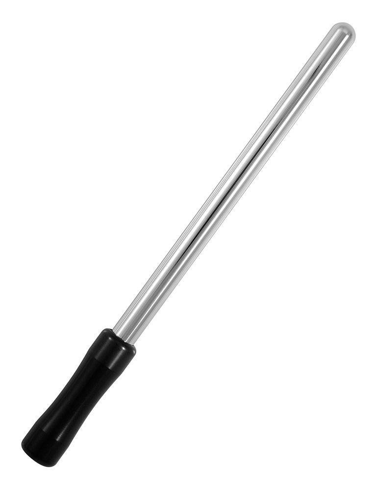 The 9mm Electrastim Urethra Probe, a strait metal rod with a curved tip and a black handle, is displayed against a blank background.