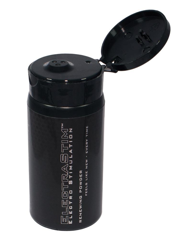 The Electrastim Renewing Powder For Tpe "Jack Socket" Sleeves is displayed against a blank background with the cap flipped open.