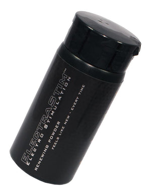 The Electrastim Renewing Powder For Tpe "Jack Socket" Sleeves is displayed against a blank background. It is a black plastic bottle. 