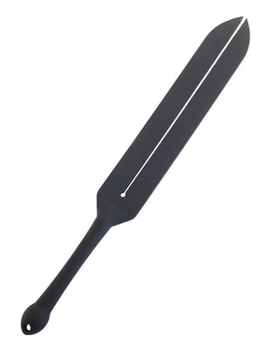 The Tantus Silicone Mini Tawse is displayed against a blank background. It is shaped like a paddle that has been split down the middle. The handle is rounded and bulbous at the end, with a hole in it.