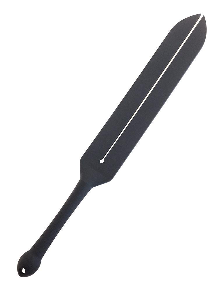 The Tantus Silicone Mini Tawse is displayed against a blank background. It is shaped like a paddle that has been split down the middle. The handle is rounded and bulbous at the end, with a hole in it.