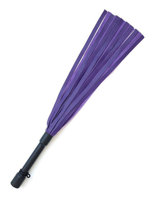 The Purple Devil Leather Flogger By Dragontailz is displayed against a blank background. The flogger has falls that are dark purple on one side and lighter purple on the other, as well as a black handle.