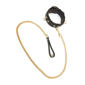 The Brown Leather Collar & Leash With Gold Accent Hardware is shown against a blank background. The collar is made of a wide piece of leather with a smaller, darker piece riveted onto it. It has 3 D-rings. The leash has a chain lead with a leather handle.