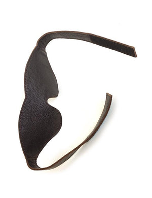 The BDSM Classic Cut Brown Leather Blindfold is displayed against a blank background with the strap un-velcroed. 