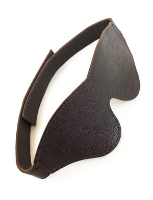 The BDSM Classic Cut Brown Leather Blindfold is displayed against a blank background. The strap has a velcro closure in the back.