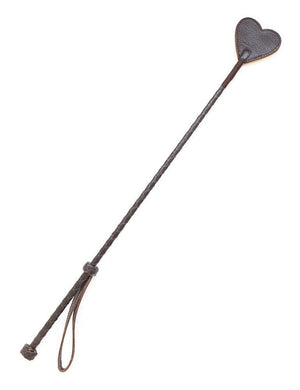 The Brown Leather Heart Crop is displayed against a blank background. The crop has a brown leather-wrapped handle and rod with a brown, heart-shaped piece of leather at the top.