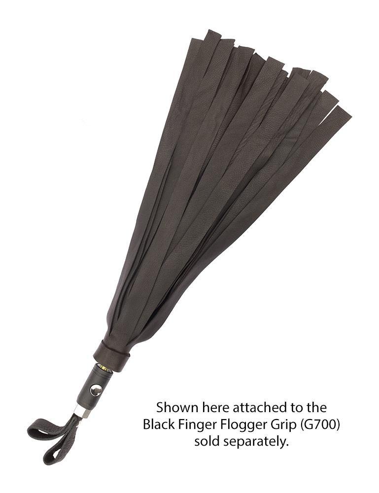 The black Deer Leather Interchangeable Flogger Head is attached to the Black Finger Flogger Grip and displayed against a blank background.
