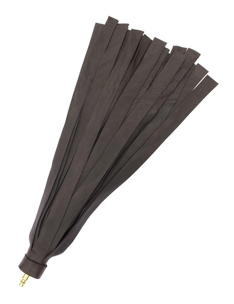 The black Deer Leather Interchangeable Flogger Head with 1-inch black falls is displayed against a blank background. There is a small piece of metal at the base of the flogger, where it attaches to a handle.