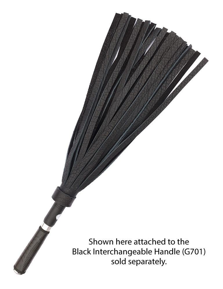 The Black Leather Bison Hide Interchangeable Flogger with ½ inch falls is displayed against a blank background, connected to the Black Interchangeable Handle.