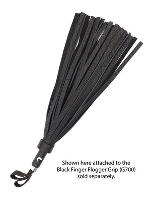 The Black Leather Bison Hide Interchangeable Flogger with ½ inch falls is displayed against a blank background, connected to the Black Finger Flogger grip.