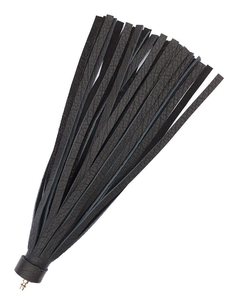 The Black Leather Bison Hide Interchangeable Flogger with ½ inch falls is displayed against a blank background. A small piece of metal is at the base of the falls, allowing the flogger to be connected to a handle.